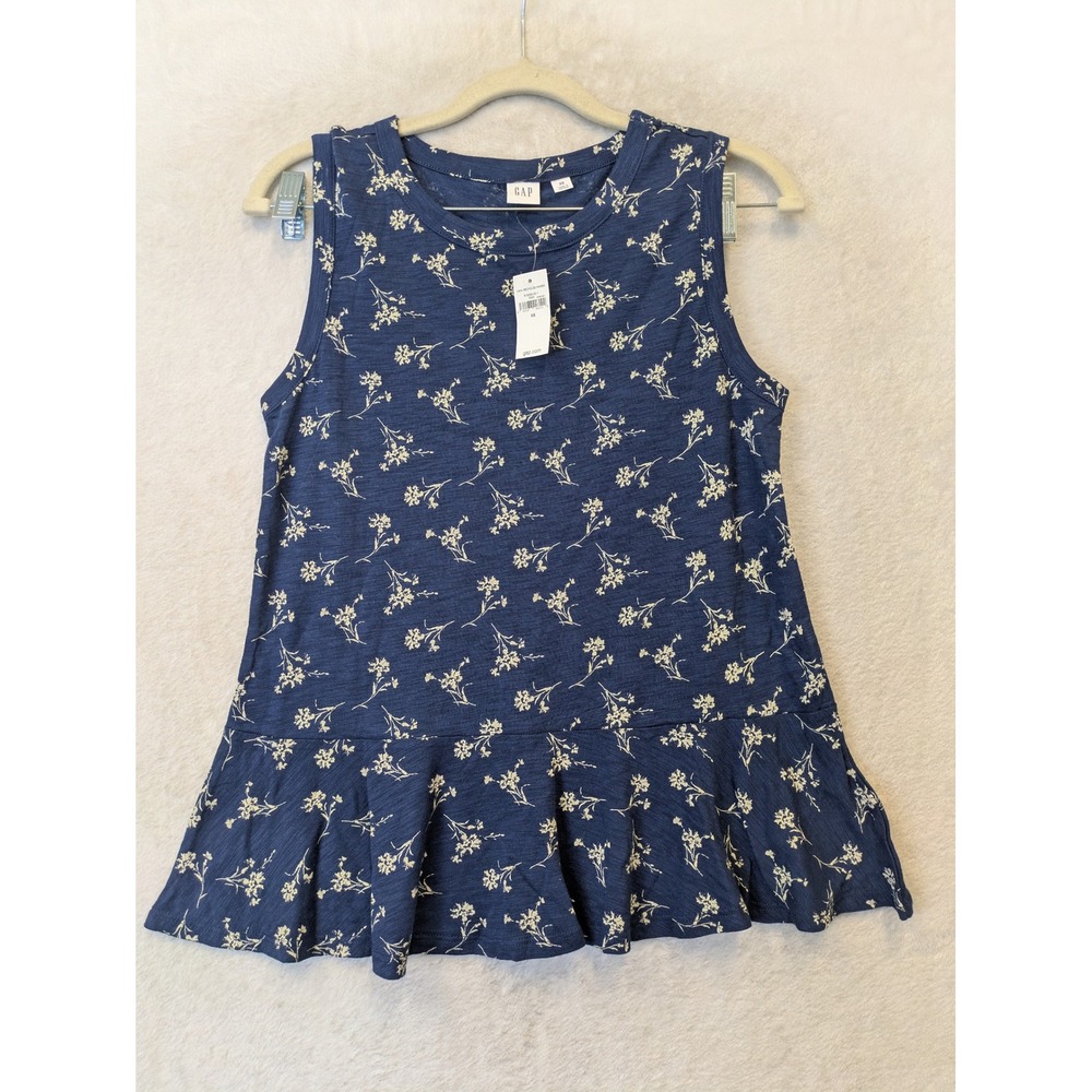 GAP Women's Size‎ XS Blue Floral Peplum Sleeveless Top Slub Knit Crew Neck NWT